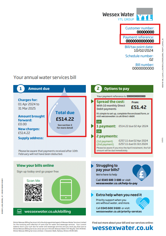 An example of an unmetered water bill showing amount due and your payment plan