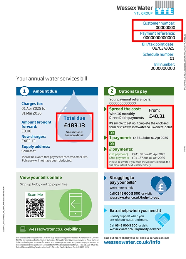 An example of an unmetered water bill showing amount due and your payment plan