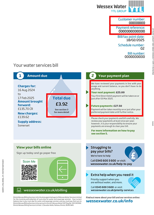 An example of a metered water bill showing amount due and your payment plan